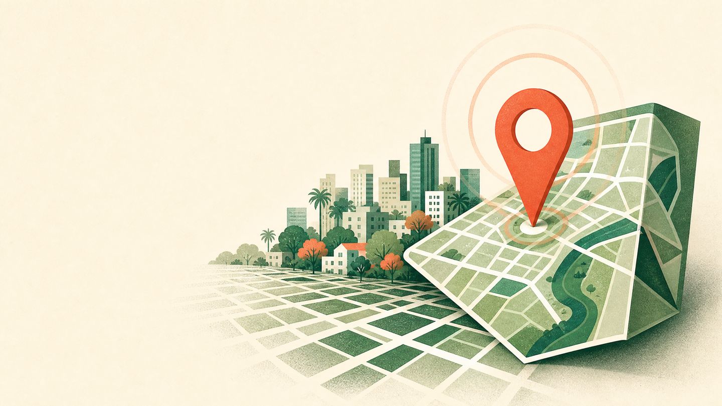 Ilustração editorial de uma malha urbana, mapa dobrado e marcador de localização.