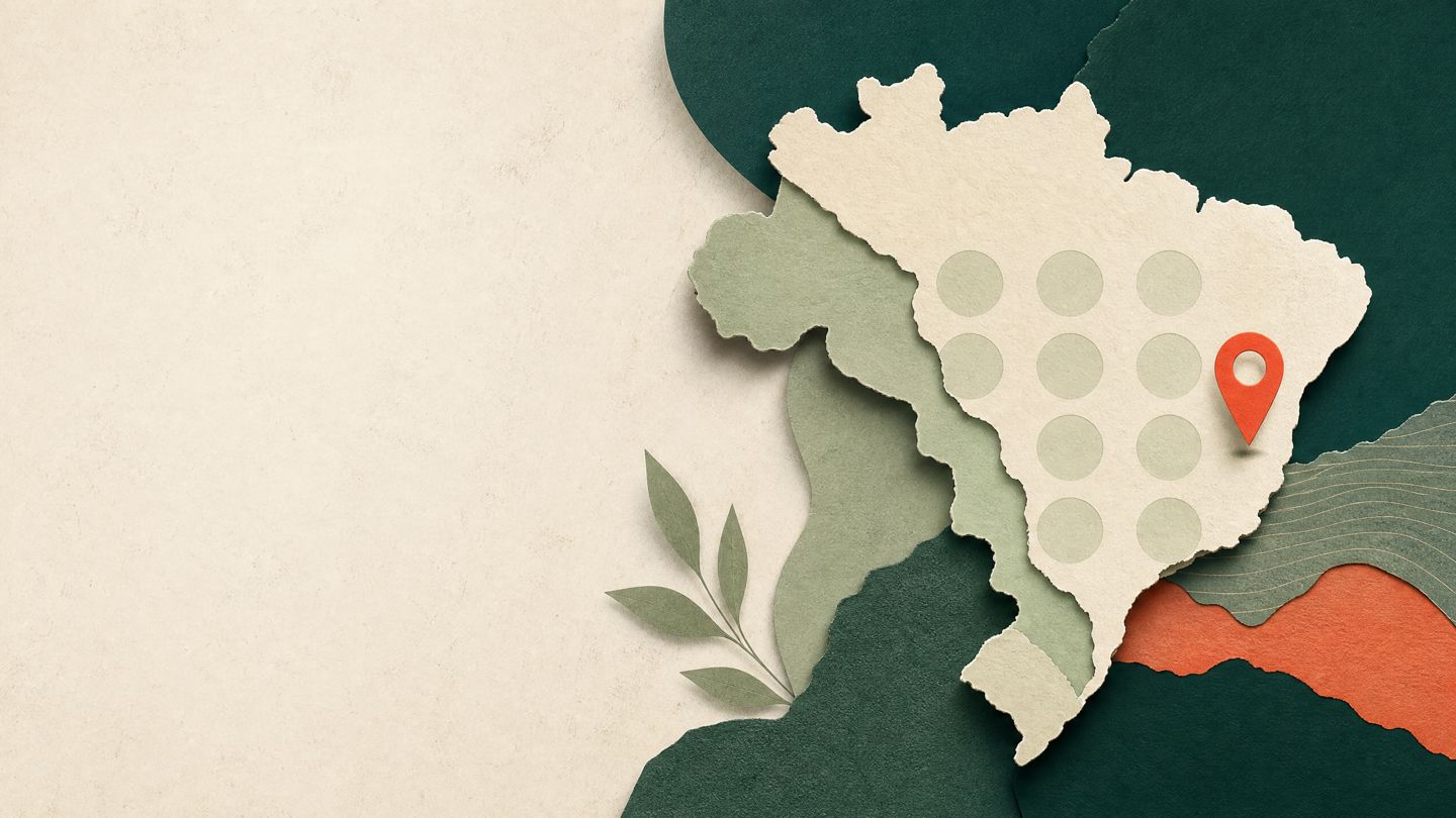 Ilustração editorial de mapa do Brasil, teclado de telefone e marcador de localização.
