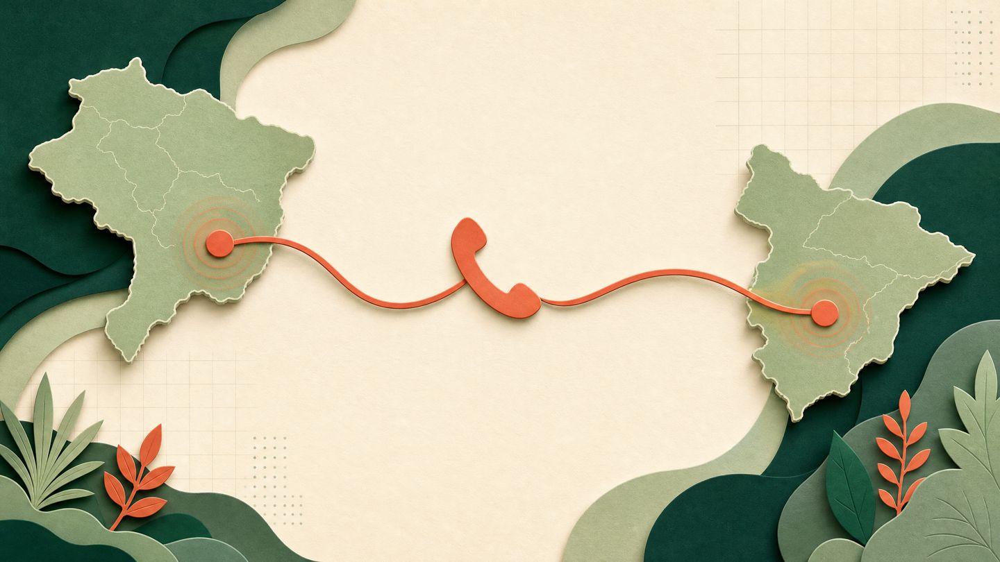 Ilustração editorial de regiões conectadas por uma ligação telefónica.