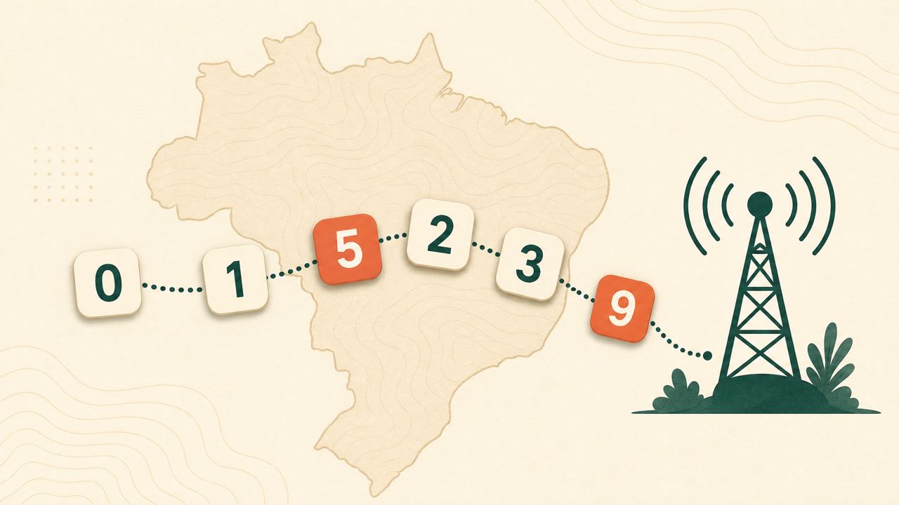 Ilustração editorial de dígitos a seguir uma rota até uma torre de operadora.