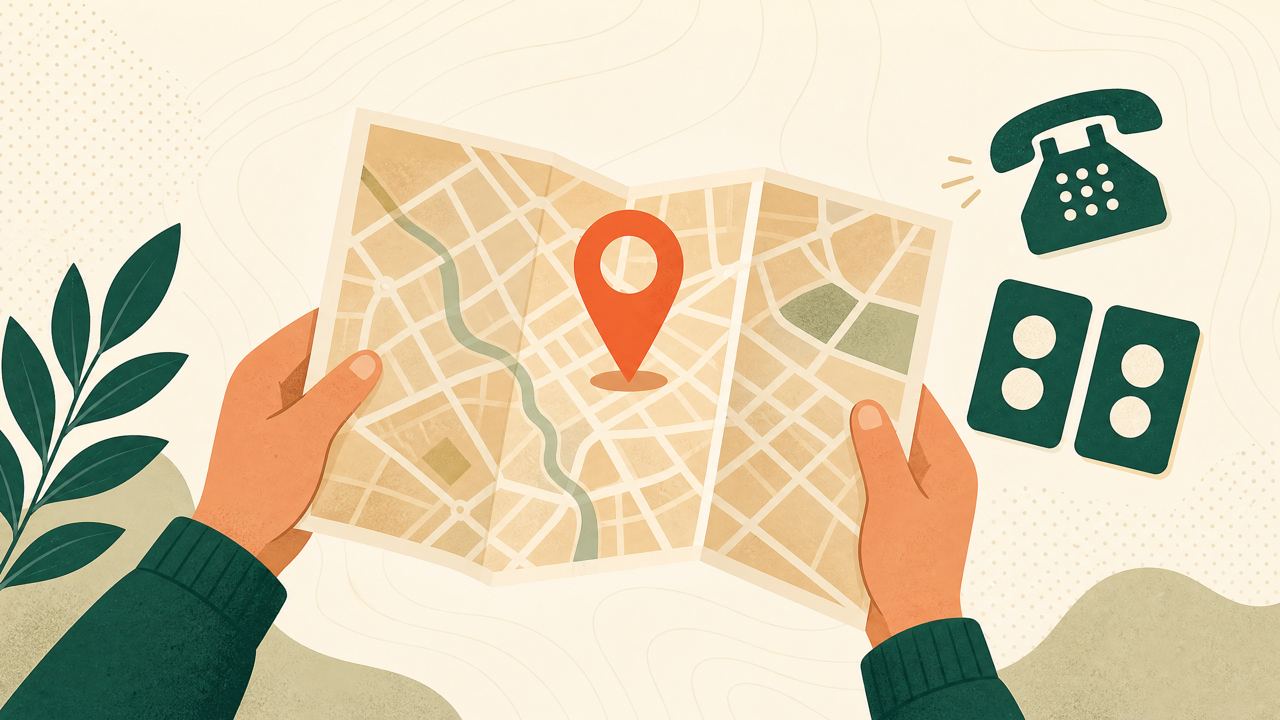 Ilustração editorial de um mapa urbano dobrado com marcador de localização.