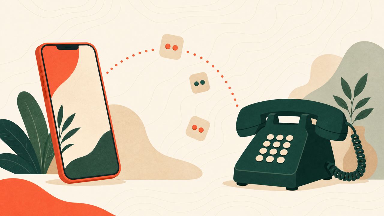 Ilustração editorial de um smartphone conectado a um telefone fixo.