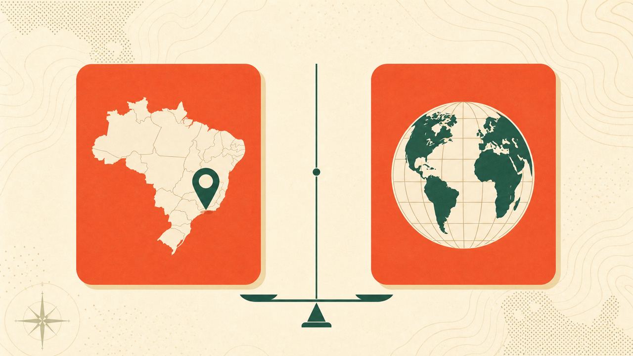 Ilustração editorial de dois cartões comparando mapa do Brasil e globo.