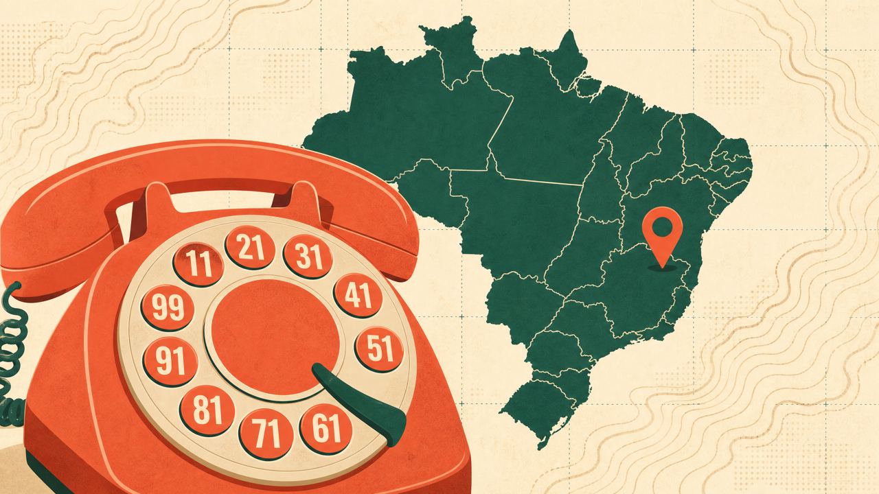 Ilustração editorial de teclado de telefone com códigos de dois dígitos sobre mapa do Brasil.