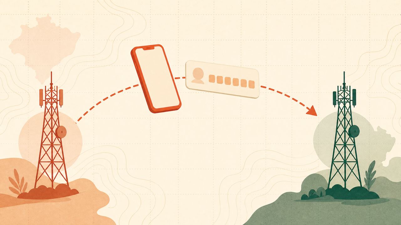 Ilustração editorial de um telefone em migração entre torres de operadoras.